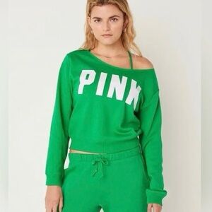 PINK Victoria’s Secret Green Relaxed Cropped Off Shoulder Sweatshirt Size XXL